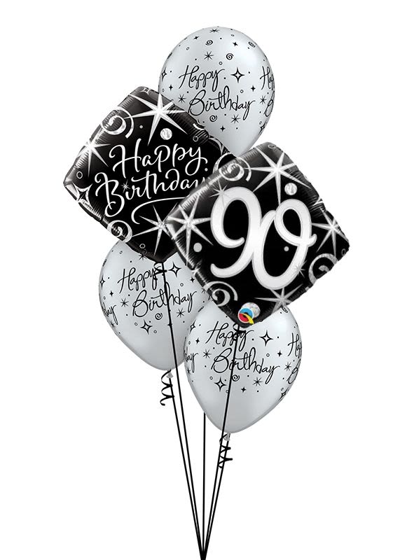 Cluster of birthday balloons with a large black "90" balloon