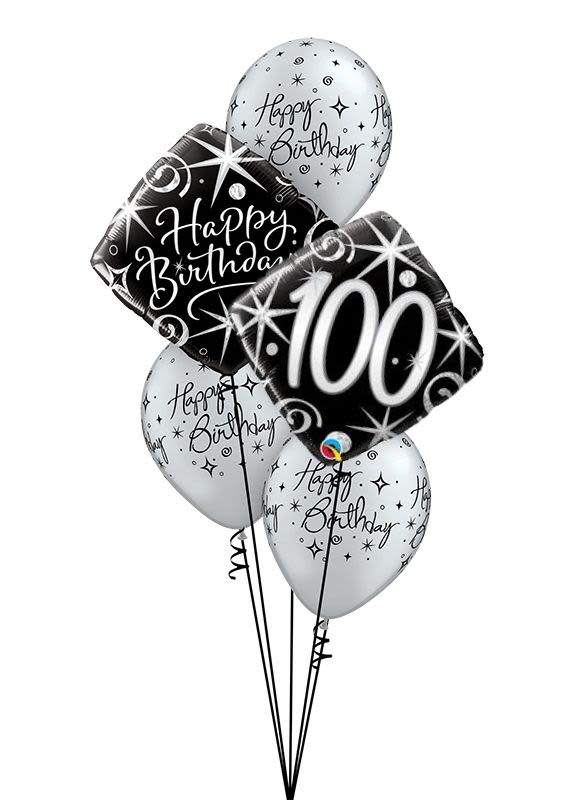 Cluster of birthday balloons with a "100" balloon and "Happy Birthday" balloons