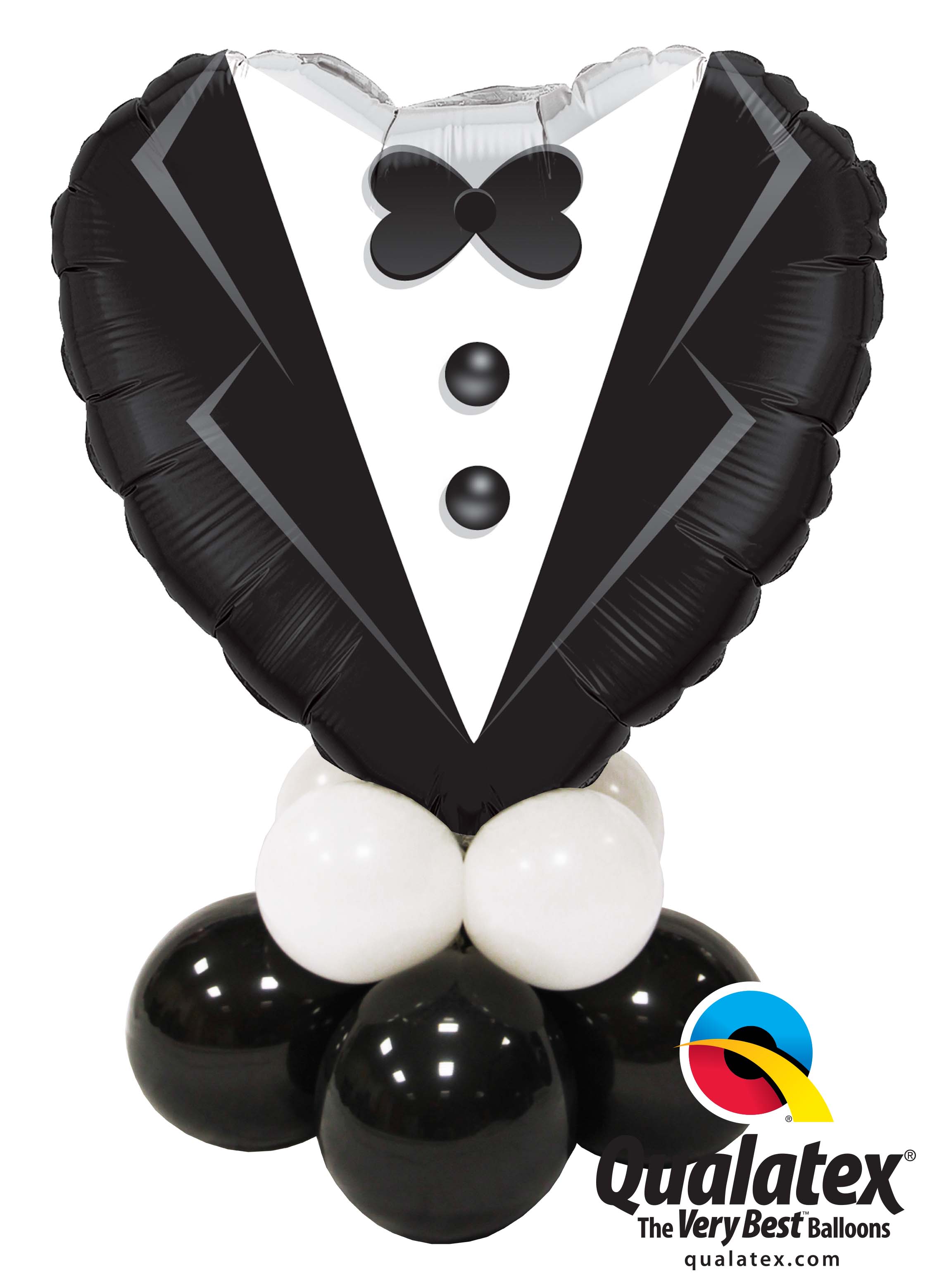 Black tuxedo-shaped balloon arrangement with white balloons at the base
