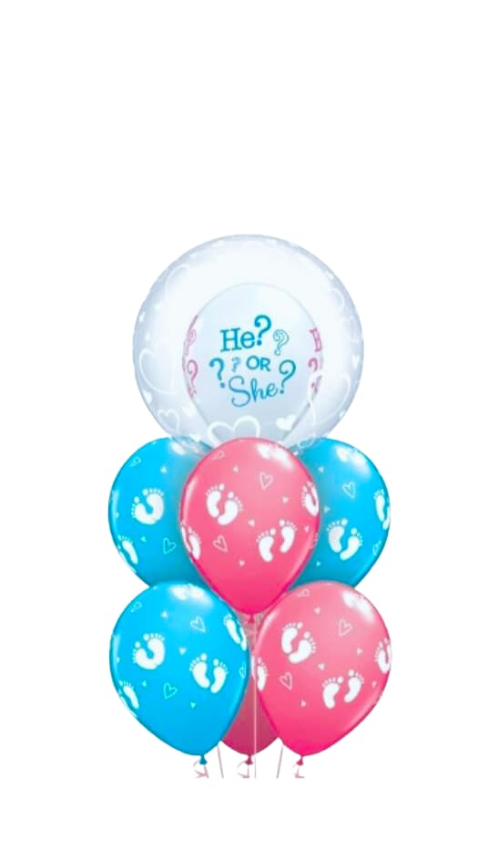 Cluster of baby shower balloons in blue, pink, and white