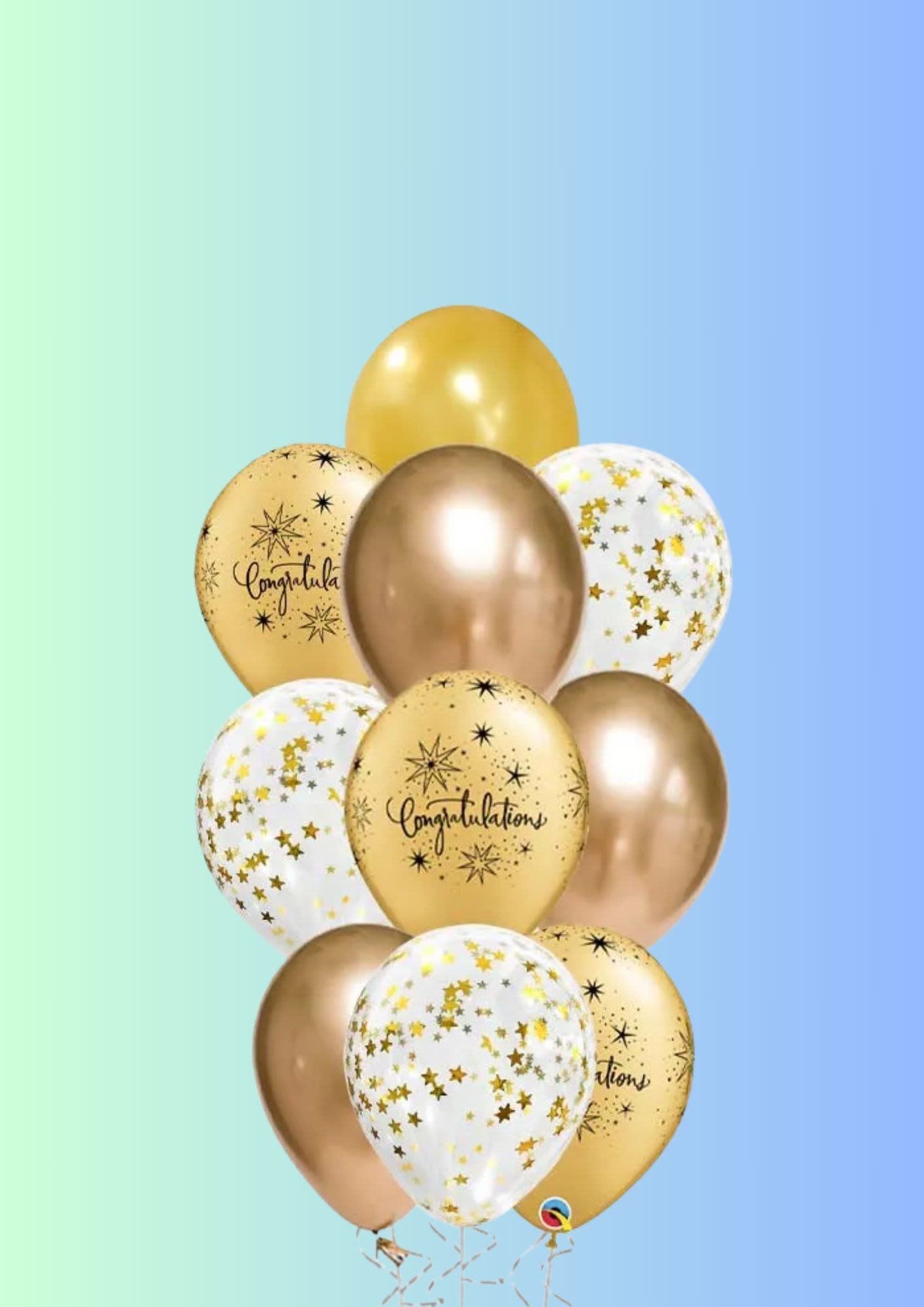 Cluster of gold and white congratulatory balloons with star patterns