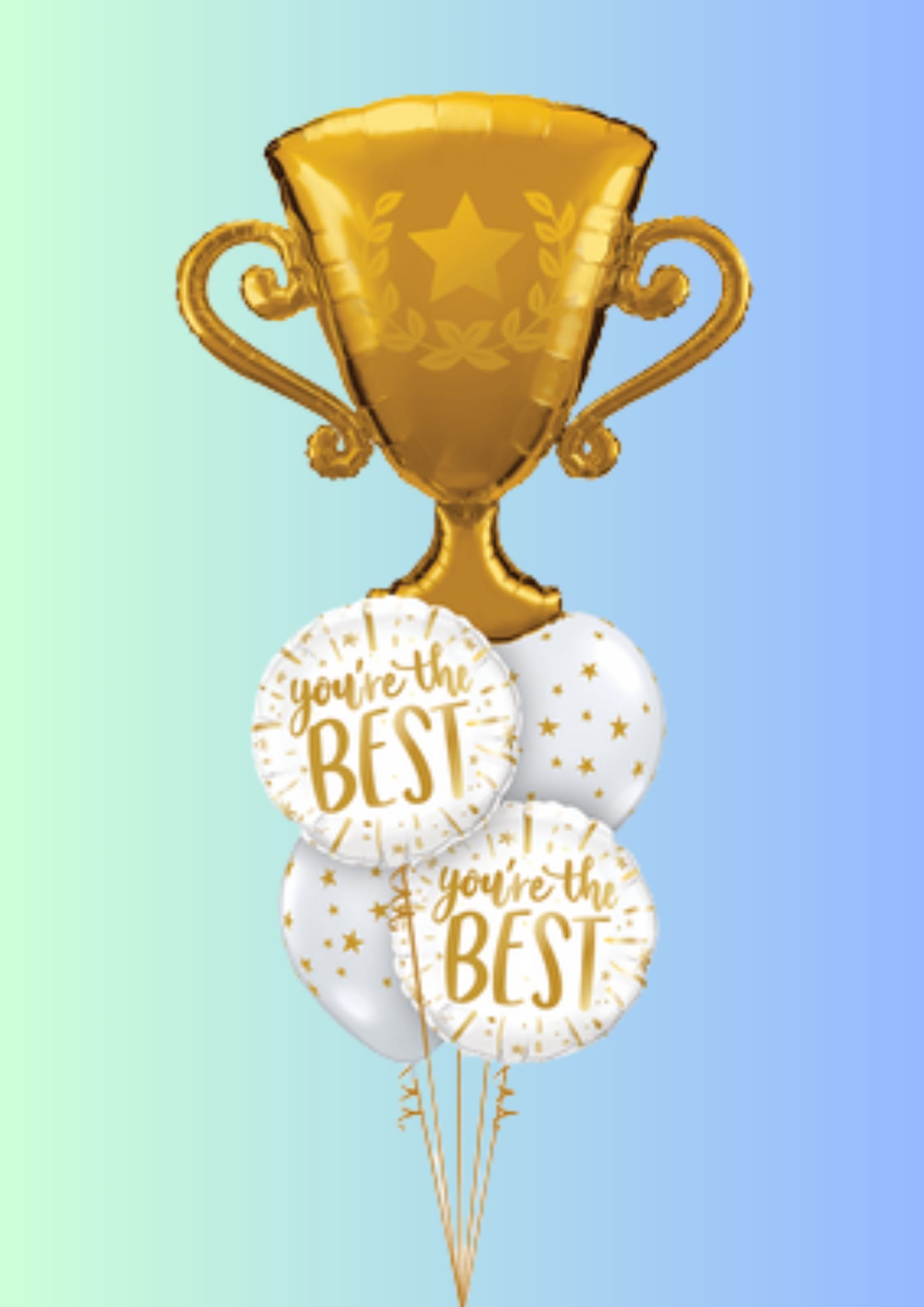 Gold trophy balloon above white balloons with gold text and stars