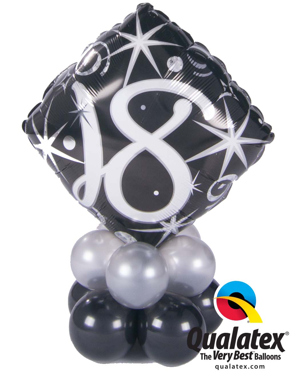Black number 18 balloon with silver balloons at the base