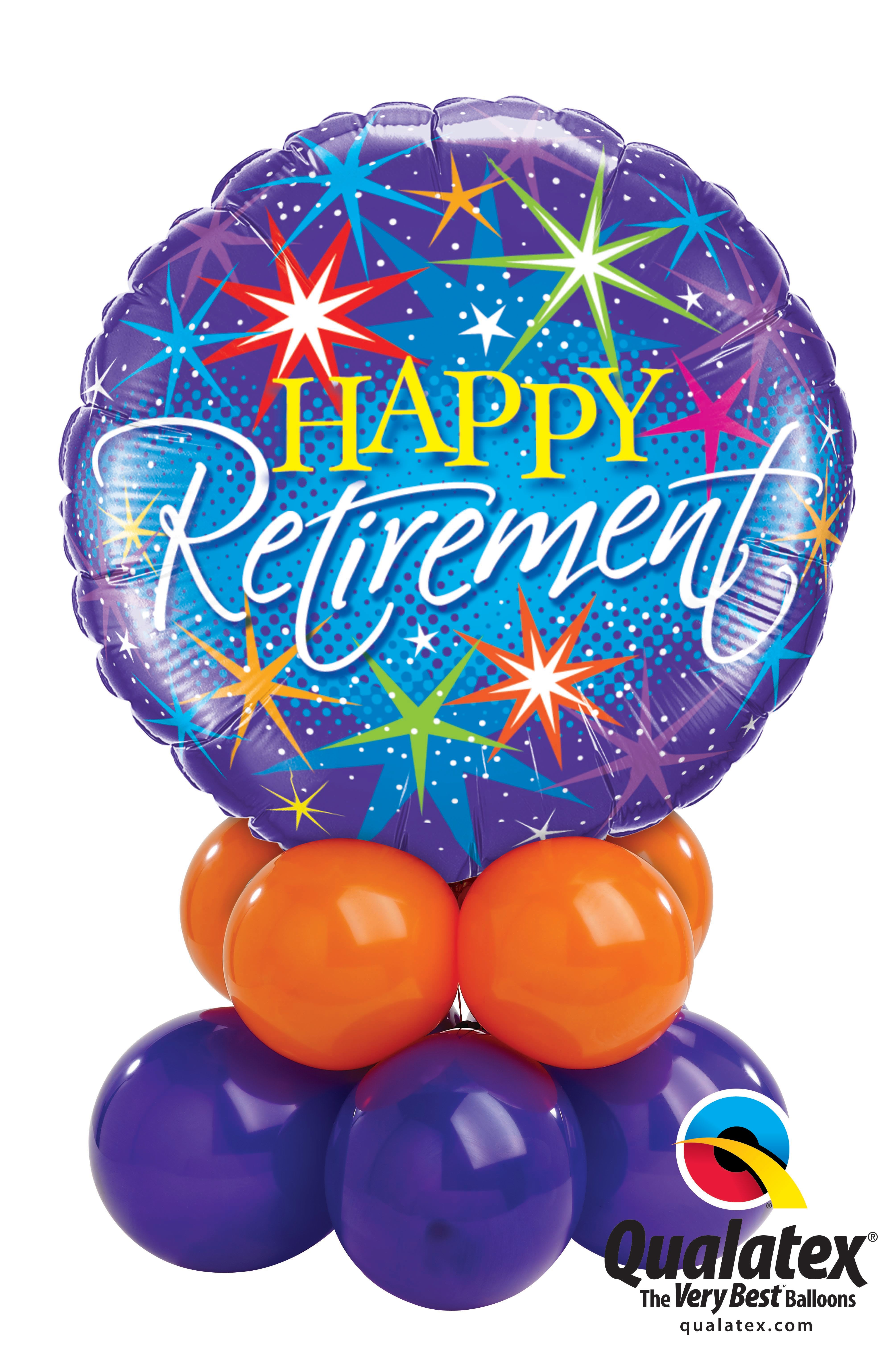 Purple retirement balloon with colorful starburst print and orange and purple balloons below