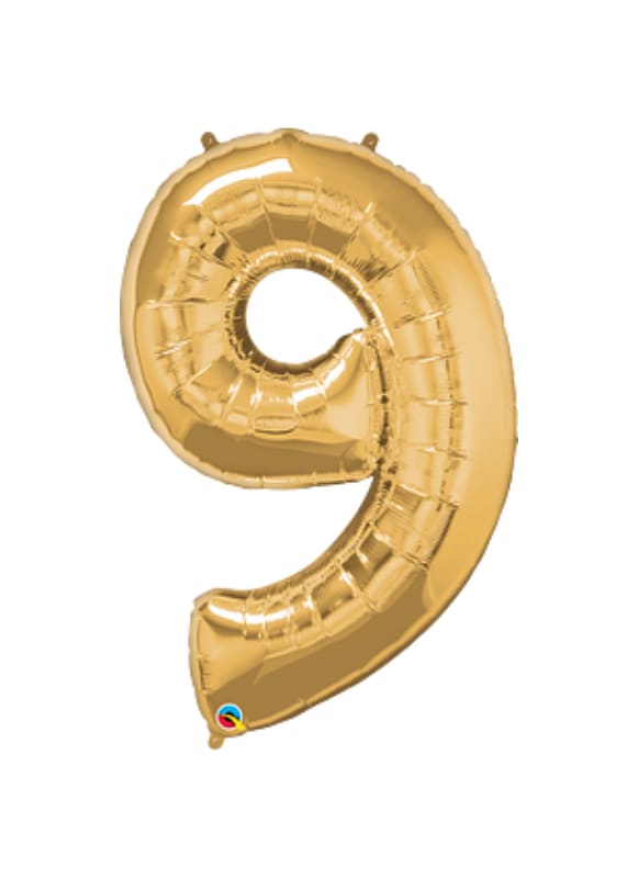 Gold foil balloon shaped like the number 9