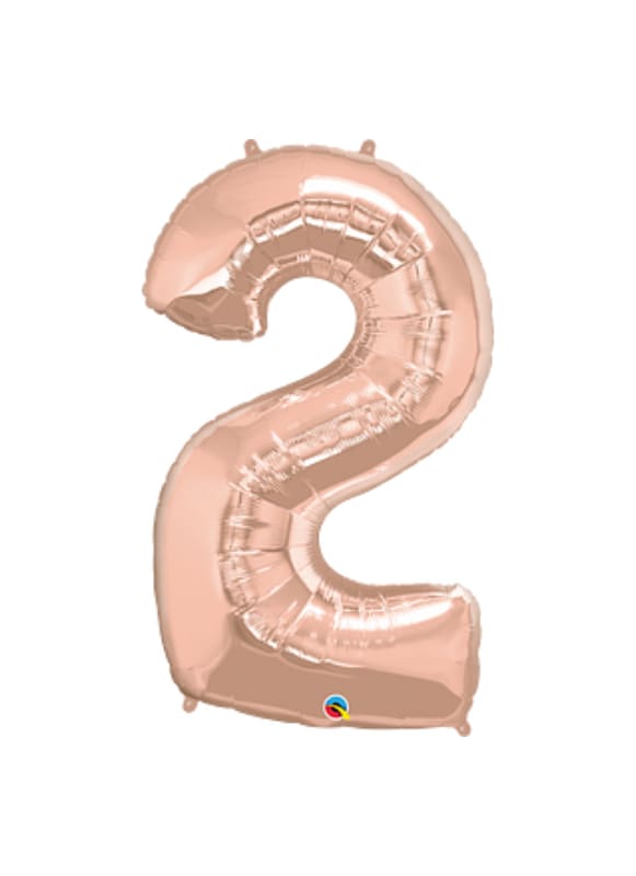 Rose-gold foil balloon shaped like the number 2