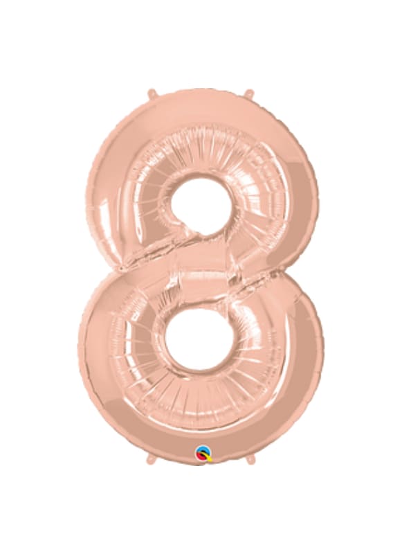 Rose gold foil balloon shaped like the number 8