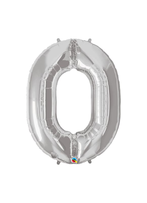 Silver foil balloon shaped like the number 0
