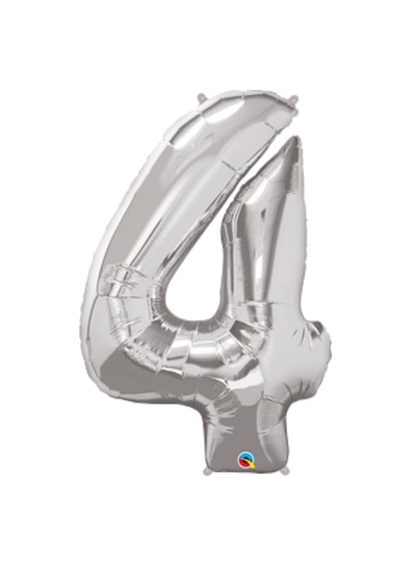 Silver foil balloon shaped like the number 4