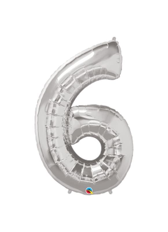 Silver foil balloon shaped like the number 6