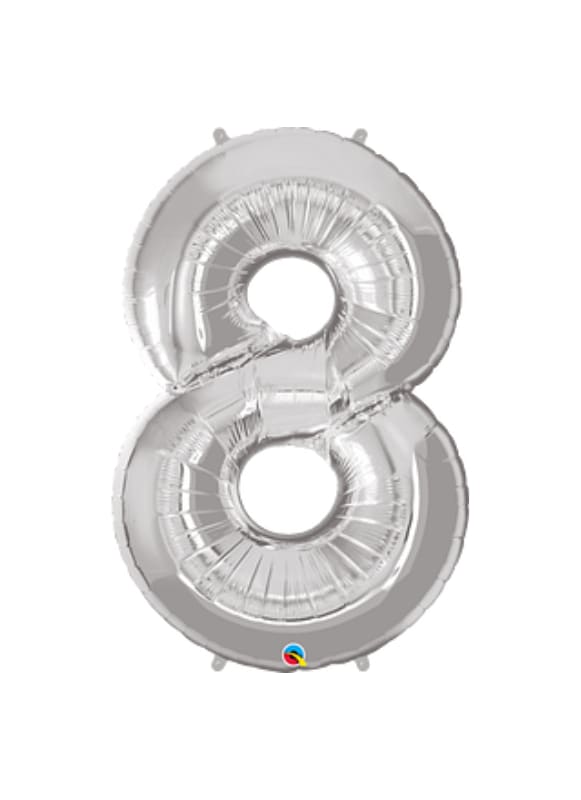 Silver foil balloon shaped like the number 8