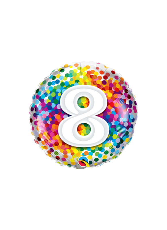 Round multicolor balloon with a large white number 8