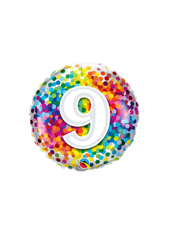 Round foil balloon with a large number 9 and multicolored confetti dots