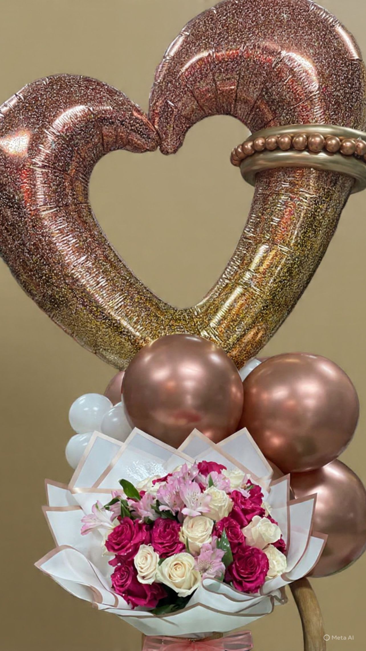 Heart-shaped balloons above a bouquet of pink and white roses