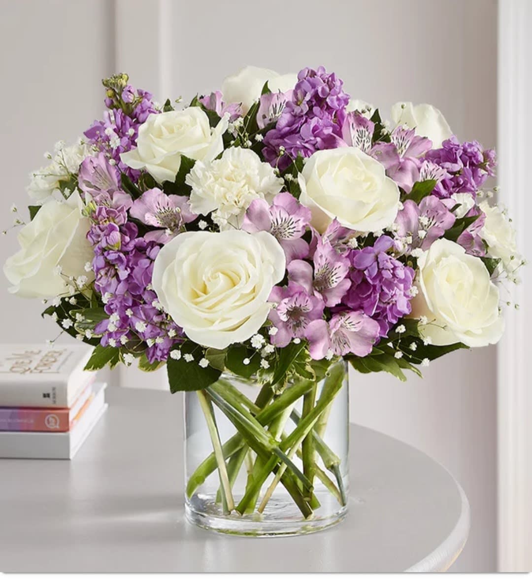 Lovely lavander medley - Roses,stock, alstroemeria, carnations 