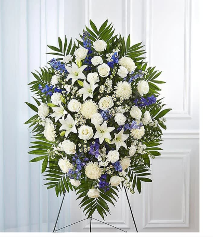Blue and white standing spray  - Funeral