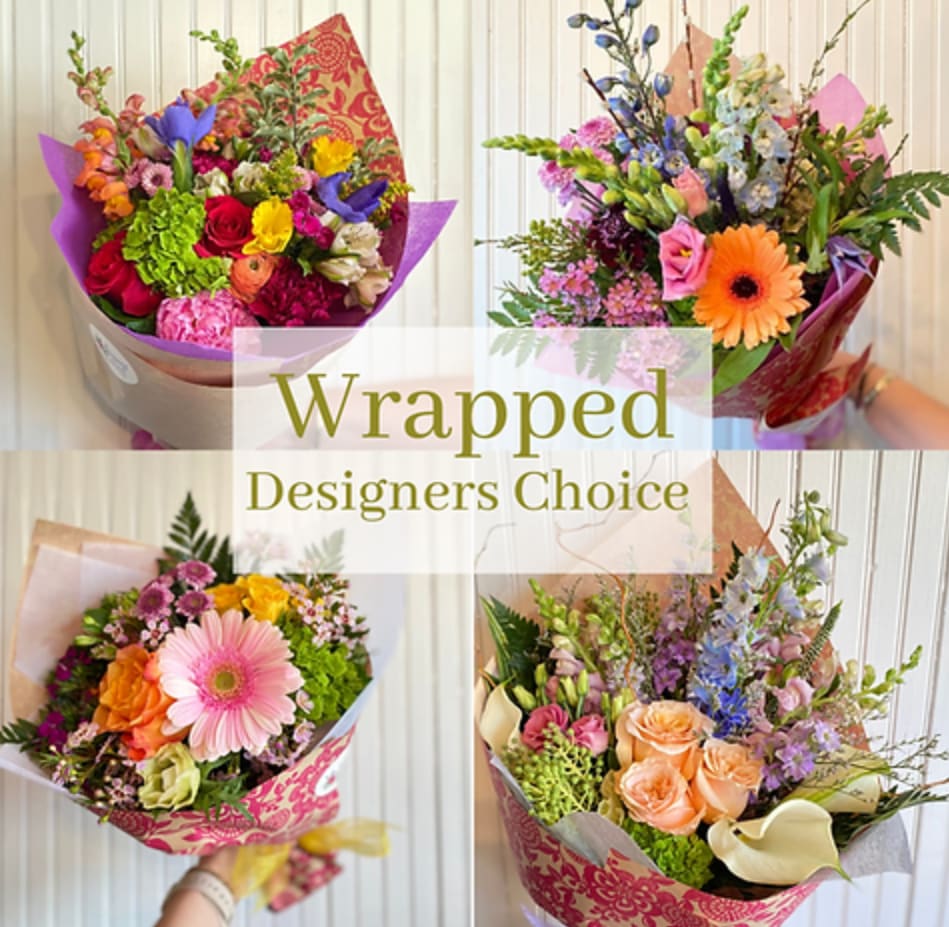 Collage of colorful wrapped mixed flower bouquets with "Wrapped Designers Choice" text.