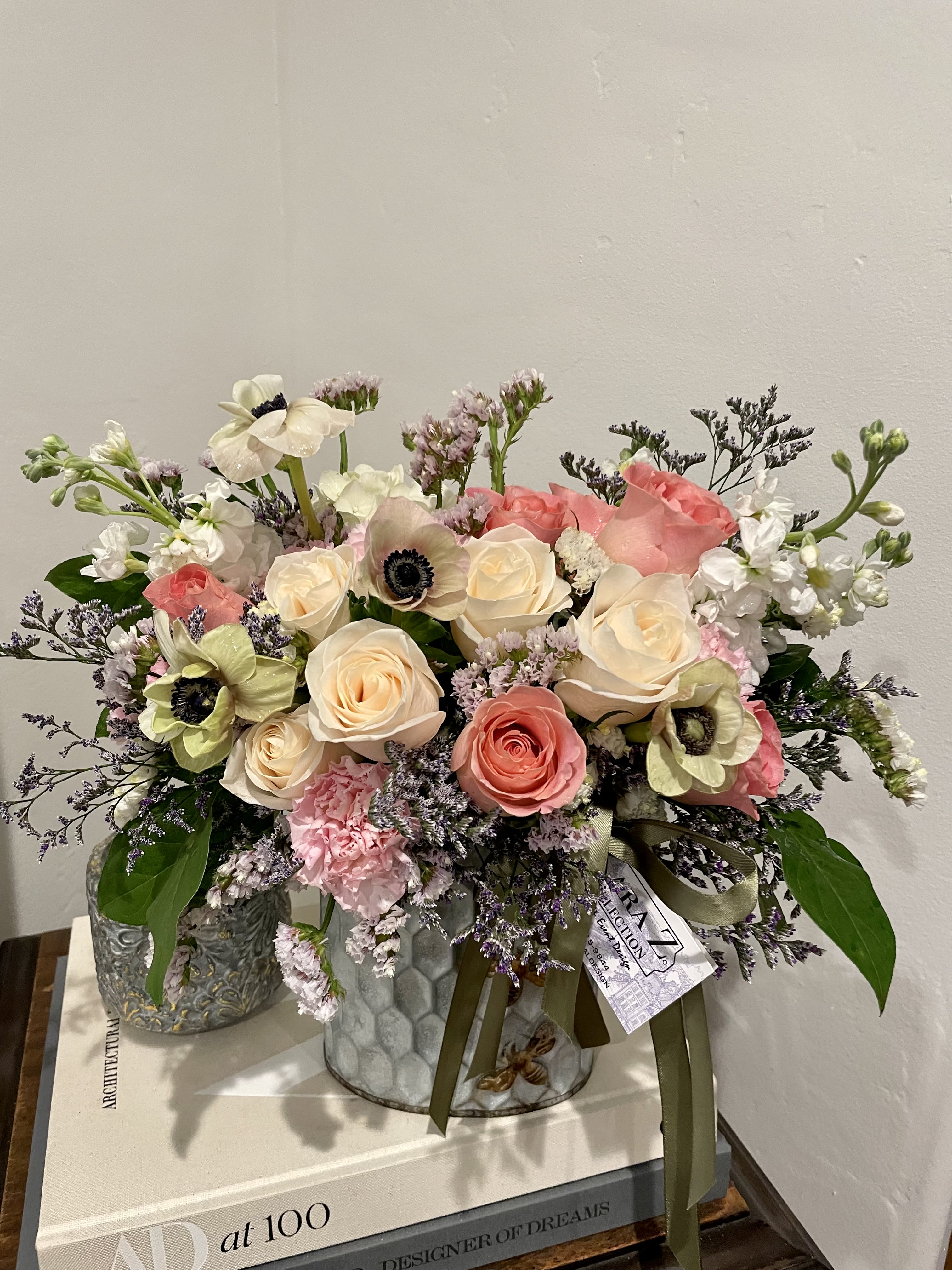 Honey Bee Mine - Beautiful Ivory and peach roses, lush greens arranged with other premium and seasonal florals to create a one of a kind arrangement. Ideal for any occasion and sure to make a statement. 