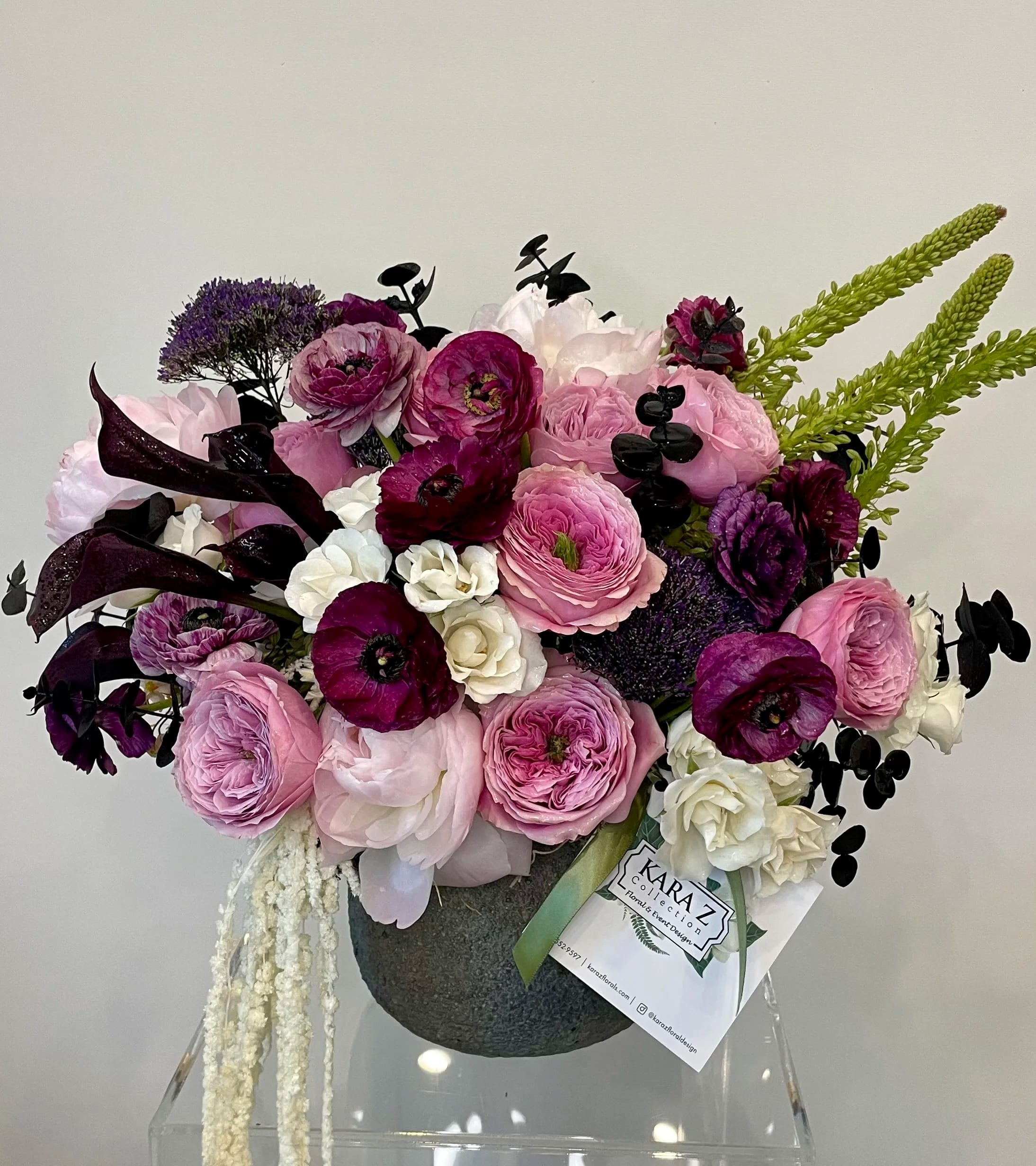 Burgundy Queen - Designed with tones of deep burgundy and vibrant pink to create a moody chic floral piece.