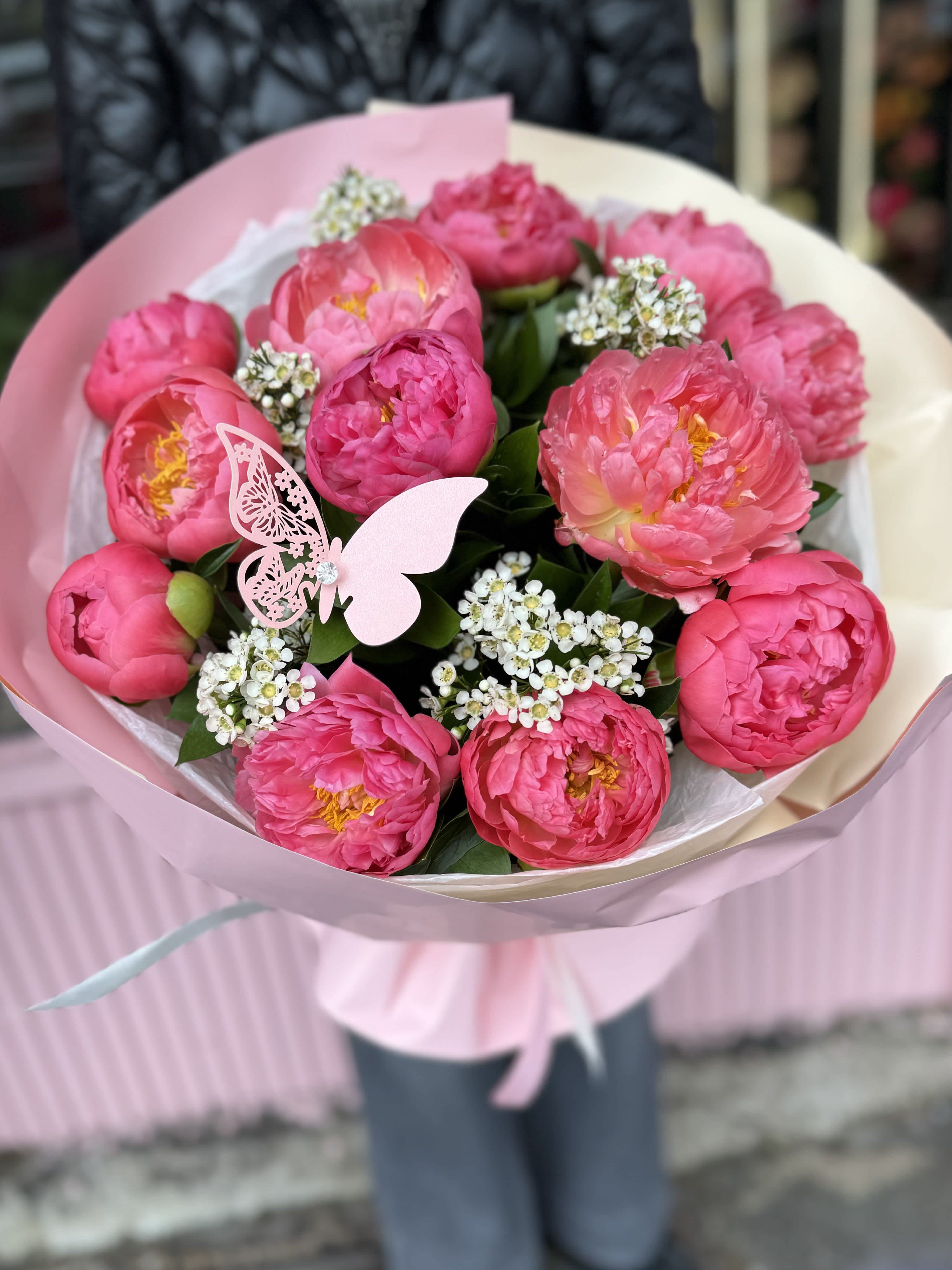 Coral Peonies Bouquet. The photo shows a standard size. - The photo shows a standard size.