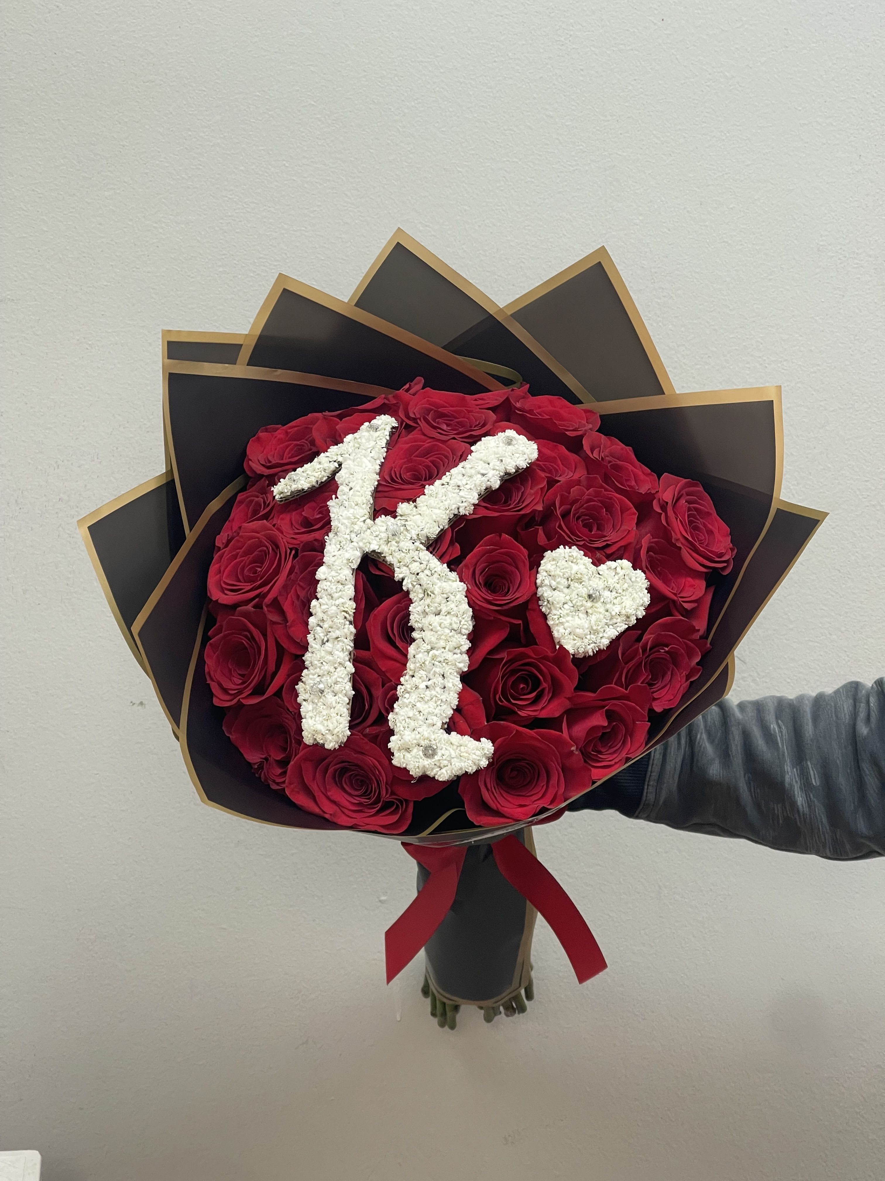 The Elegante Initial Ramo  - 30 long stem roses wrapped in korean paper and initial added 