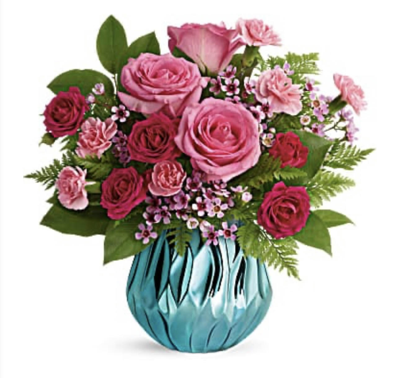 Gem of My Heart Bouquet - Make mom feel like the gem that she is with this magnificent mirrored ceramic vase, fabulously faceted to catch in the light! Bursting with lush pink roses, it's a sparkling reminder of your love. Pink roses, dark pink spray roses, pink miniature carnations, and lavender waxflower are arranged with leatherleaf fern and lemon leaf. Delivered in a Gem of My Heart vase.