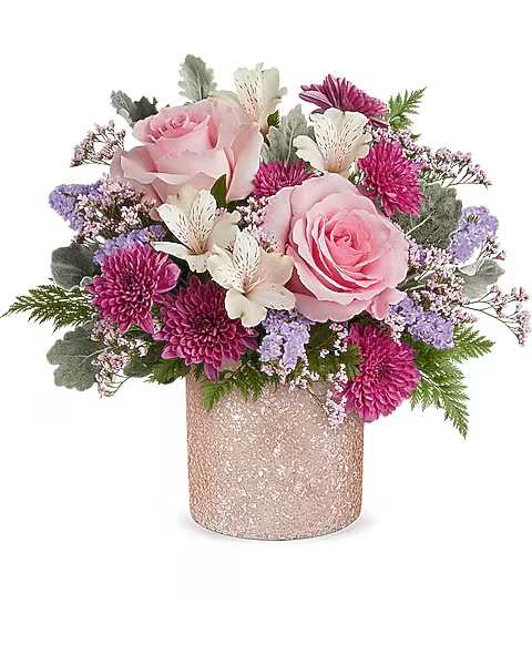 Pink roses and purple mums in a glittery vase