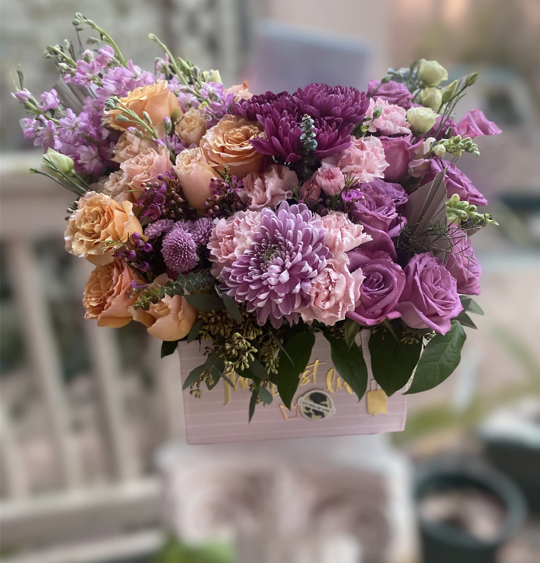 River Rock Box - Lush box of florals with hues of purples, pinks and muted colors. 