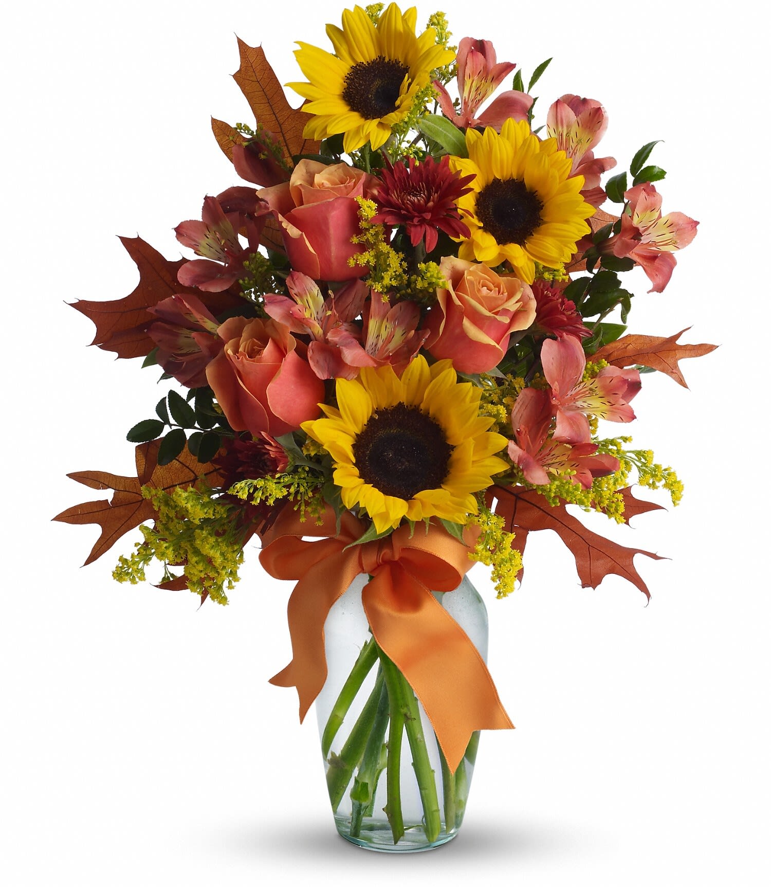 Warm Embrace - This ravishingly rustic bouquet is like a burst of country charm. Complementing the sunny sunflowers are orange bi-color roses and orange and rust chrysanthemums - all delightfully tied up with a bright orange ribbon. Absolutely irresistible.  The cheerful arrangement includes orange bi-color roses, yellow sunflowers, dark orange alstroemeria and rust cushion spray chrysanthemums accented with orange ribbon and assorted greenery. Approximately 13" W x 16 1/2" H