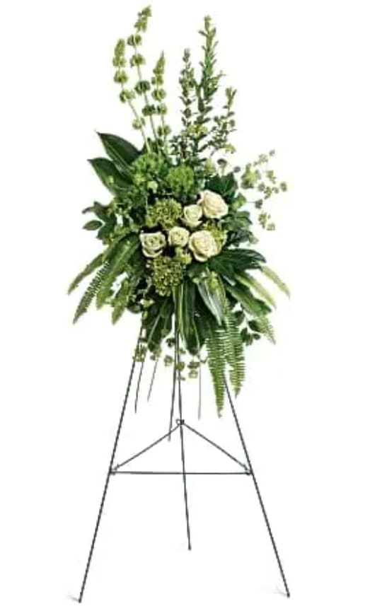 Tall white rose standing spray on an easel