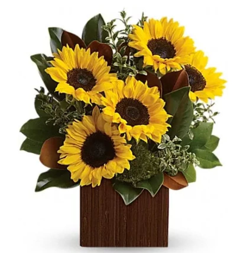 Sunflower arrangement in a wooden box with mixed greenery