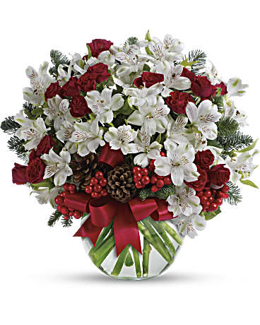 Let It Snow - Fresh as new fallen snow. Delicate, snow white flowers are decorated with berries and pinecones for a unique spin on tradition. Presented in a crystal clear bowl tied with red ribbon, this Christmas floral arrangement is exceptionally value priced. White alstroemeria and Douglas fir are mixed with pinecones and red berries in a clear bowl decorated with red satin ribbon. Orientation: All-Around  SUBSTITUTION POLICY – Always deliver the freshest flowers! Please note the bouquet pictured reflects our original design.  If the exact flowers or container in this arrangement are not available, our local florists will create a beautiful bouquet with the freshest available flowers.