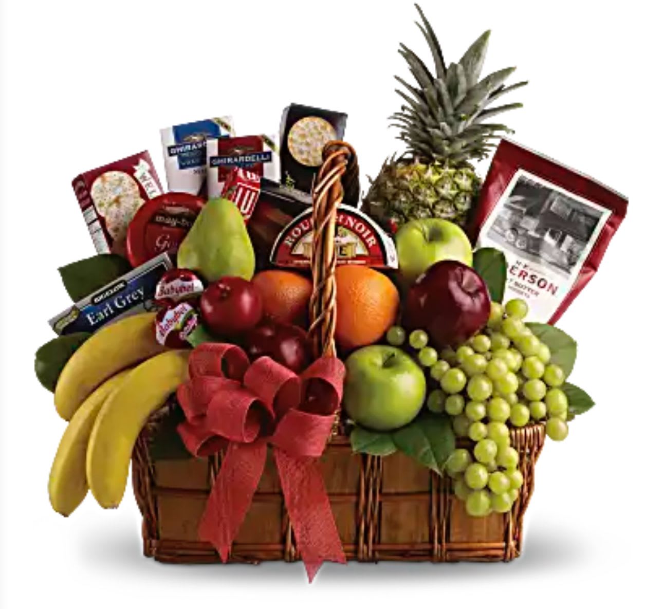Bon Vivant Gourmet Basket - Exquisite Taste, Elegantly Delivered by The Embassy of Flowers  Indulge in a gift of refined luxury with the Bon Vivant Gourmet Basket, an exclusive creation from The Embassy of Flowers designed to delight the most discerning palates. This artfully curated selection brings together the freshest seasonal fruits and gourmet delicacies, beautifully presented to impress and inspire.  Perfect for celebrating life’s sophisticated moments — from honoring an elegant host to pampering new parents or treating anyone who truly appreciates the finer things.  Premium Selection Includes:  Crisp, Aromatic Apples  Juicy, Handpicked Pears  Sweet, Sun-Ripened Oranges  Fresh, Flavorful Grapes  Perfectly Ripe Bananas  A Whole Tropical Pineapple  Assorted Artisan Cheeses  Gourmet Crackers  Fine Selection of Premium Teas  Savory Gourmet Snacks  Expertly arranged in a natural woven basket and finished with a luxurious satin bow, this signature gift is hand-delivered with care by The Embassy of Flowers.  More than a gift — a celebration of good taste and elegant living.