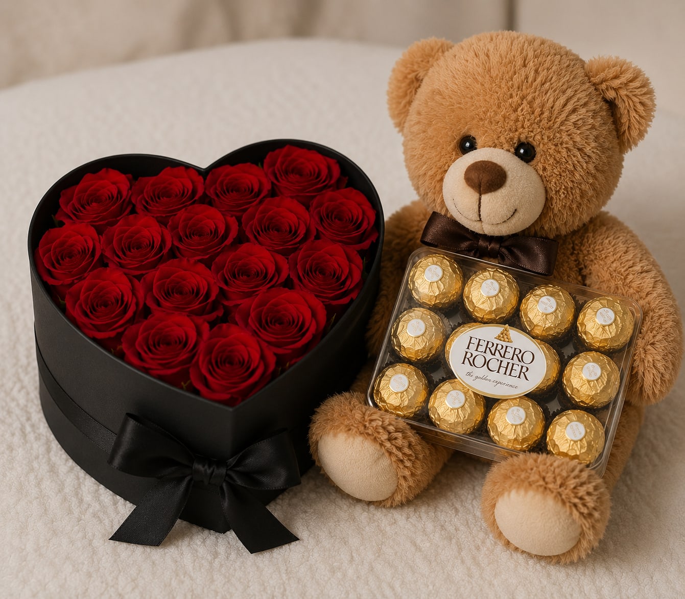 Combo LOVE - Make any occasion extra special with our charming Heart-Shaped Gift Box, available in black or pink.  This beautiful gift includes approximately 20 premium red roses carefully arranged inside a heart-shaped box, accompanied by an adorable 8-inch teddy bear and a small box of chocolates for the perfect finishing touch.  A thoughtful and romantic gift ideal for birthdays, anniversaries, Valentine’s Day, Mother’s Day, or simply to remind someone how much they mean to you.  Includes: • Heart-shaped box (Black or Pink) • Approximately 20 fresh roses • 8-inch teddy bear • Small box of chocolates • Complimentary gift card message  Rose count may vary slightly based on bloom size and seasonal availability.