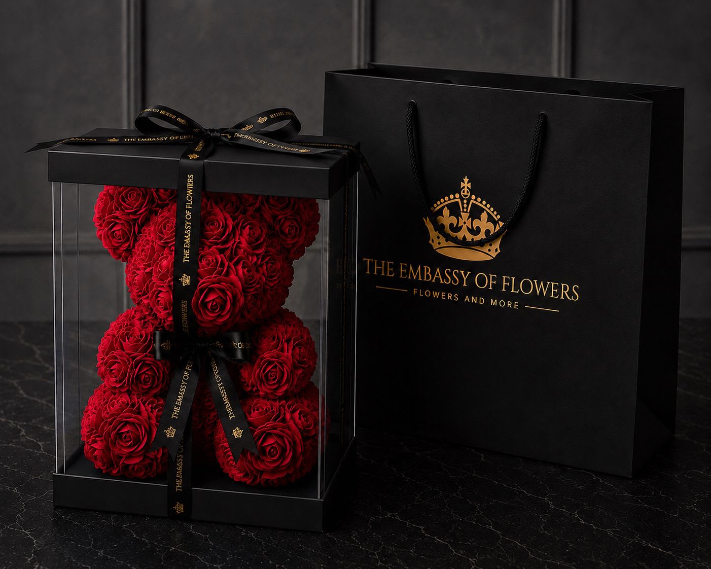 Foam Bear with clear box - beautiful bear of foam roses this gift will be transported in a box , perfect for any occasion Available in Red, Pink, Purple, Black , grey , white  and Blue.