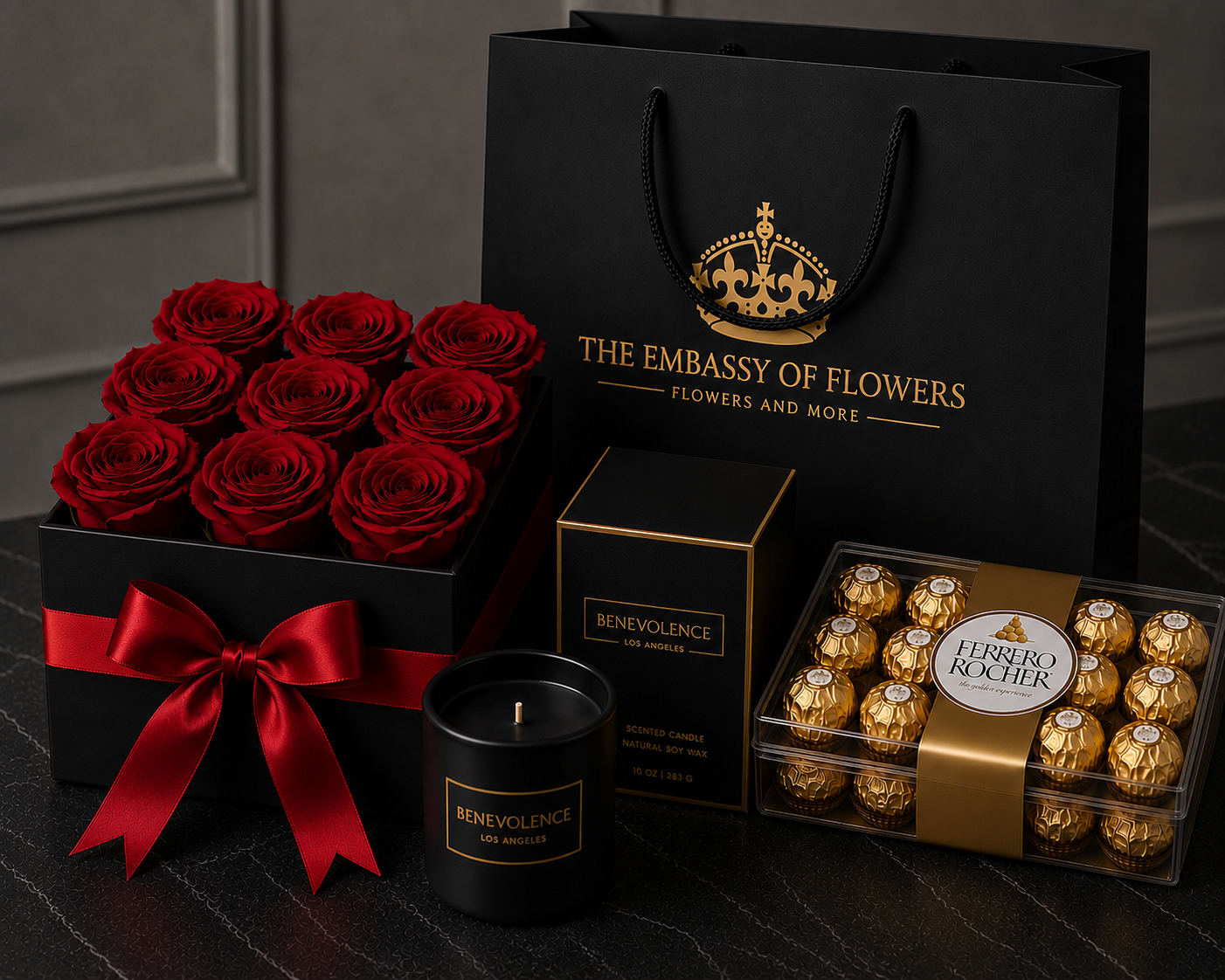 Crimson Majesty Collection - Elevate any special occasion with our luxurious Crimson Majesty Collection, a sophisticated gift designed to make a lasting impression. This stunning arrangement features twelve premium fresh red roses elegantly presented in a luxurious black keepsake box and finished with a rich red satin ribbon for a timeless and romantic touch.  Paired with a decadent box of Ferrero Rocher chocolates and the exquisite LA Premium Rose &amp; Sandalwood Scented Candle, this collection offers the perfect balance of beauty, indulgence, and elegance.  To complete the experience, every gift arrives beautifully presented in our signature black paper gift bag adorned with gold accents, creating a majestic presentation that transforms a thoughtful gesture into an unforgettable experience.  Includes: premium fresh red roses Luxury black keepsake box Elegant red satin ribbon Ferrero Rocher chocolates LA Premium Rose &amp; Sandalwood scented candle Signature black paper gift bag Complimentary message card Color Options:  Available in:  ️ Red Roses  White Roses  Pink Roses