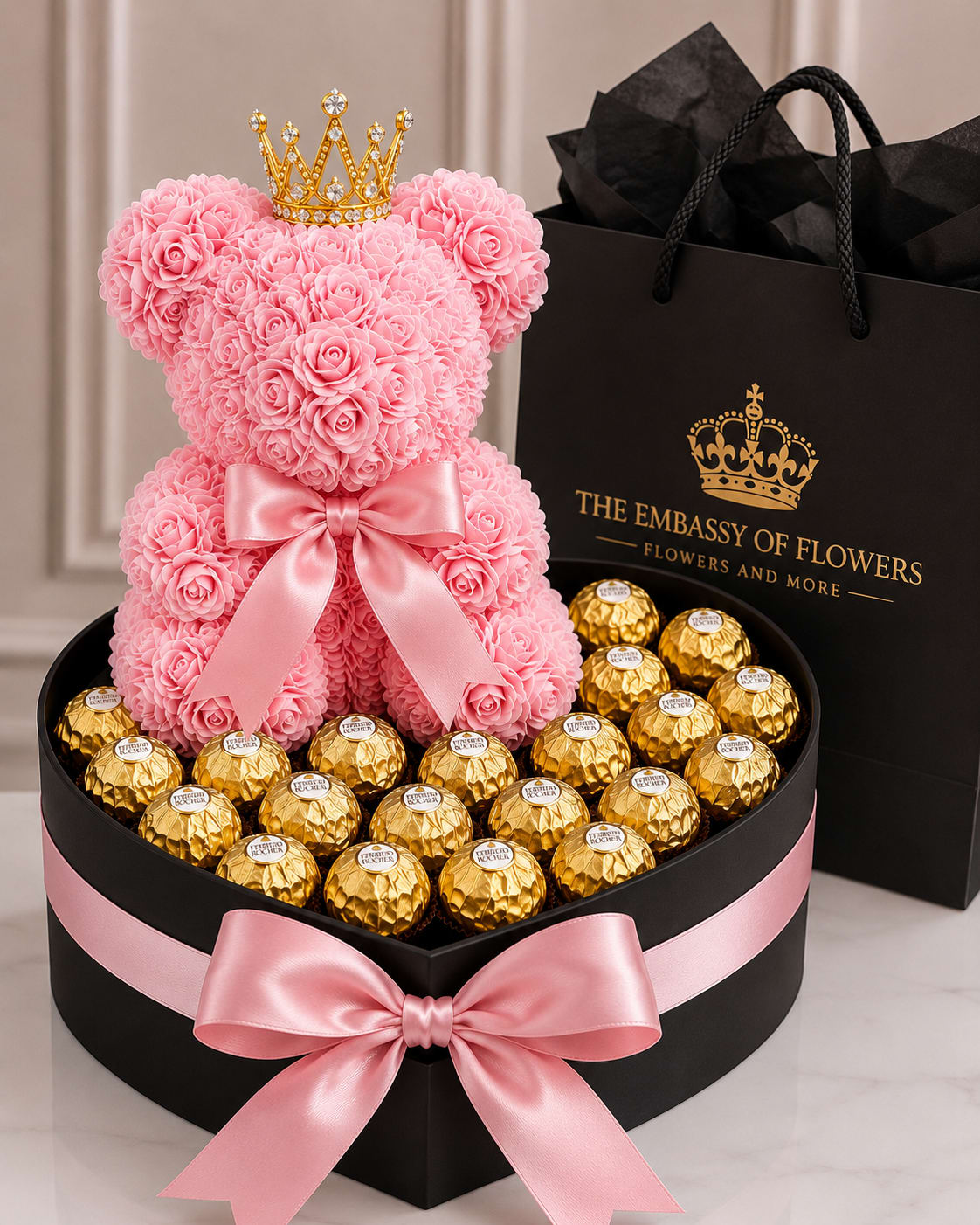 The Embassy Royal Box - Celebrate Dad with a royal surprise! This elegant Father's Day gift features a blue rose bear with a crown, delicious Ferrero Rocher chocolates, and a festive helium balloon, all beautifully presented in a heart-shaped box with luxurious blue accents