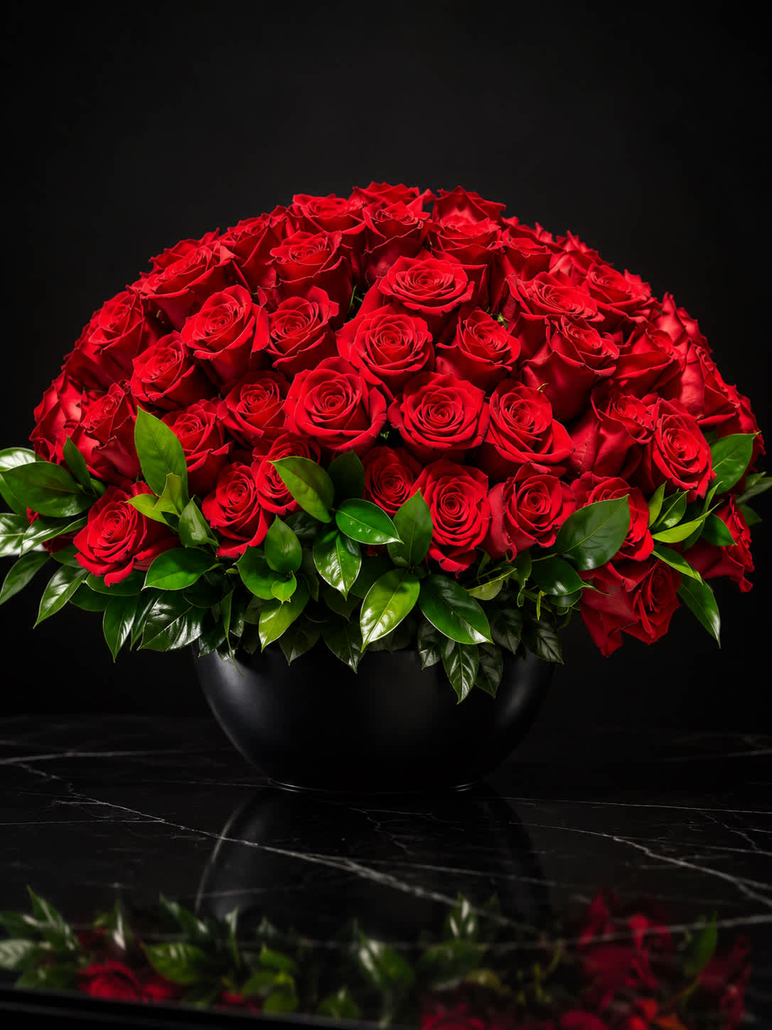 Large bouquet of red roses in a black vase