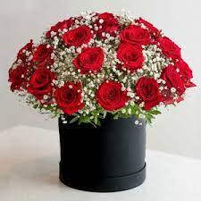 Elegance Rose Sphere - "This stunning arrangement exudes timeless elegance, featuring a lush display of vibrant red roses nestled among delicate baby's breath and lush greenery. Encased in a tall round box, the arrangement captivates with its striking beauty and sophisticated charm. Each element harmonizes, perfect for adding a touch of romance and luxury to any space."