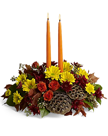 Harvest Glow - This compact centerpiece is perfect for a table of 2-4.  All Round Orientation 12” Tall 12” Wide 