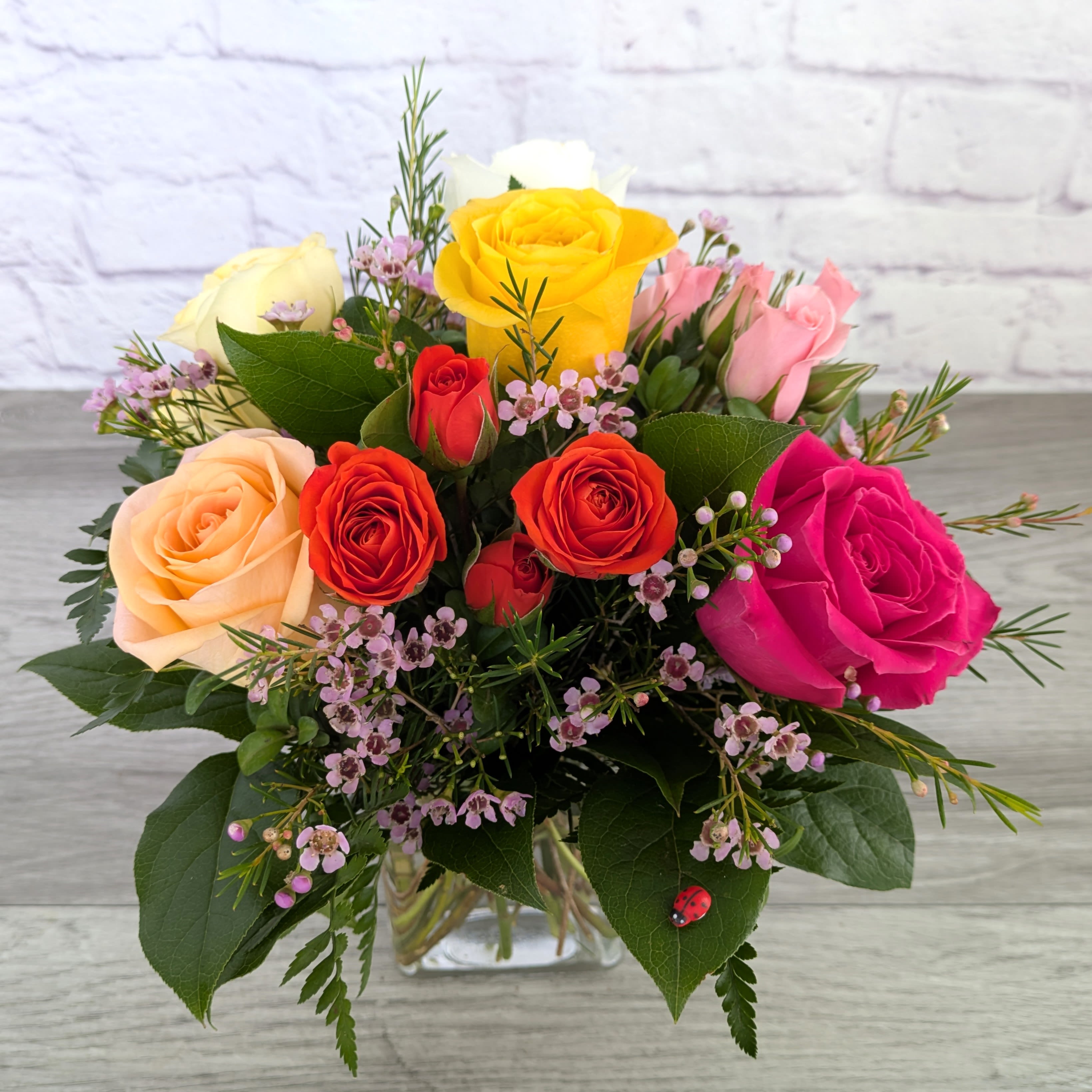 Pop of Confetti - Pop of Confetti is A Ladybug Floral exclusive bouquet. This bouquet features assorted colored roses, spray roses, and wax flower. All within a 6” tall clear rectangular cube. *COLORS WILL VARY PER BOUQUET AND DAILY SUPPLY!  Orientation: All Around 12” Tall 11” Wide  *Rose colors might include: red, scarlet, orange, peach, yellow, green, purple, hot pink, light pink, medium pink, white, or bi-colored. *Wax flower colors might include: pink, purple, white, yellow or orange. 