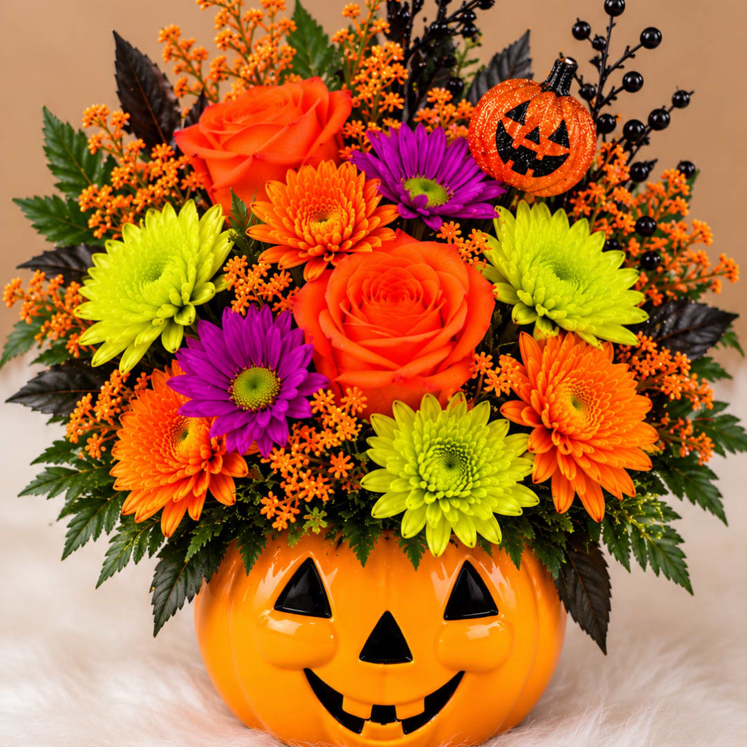 Halloween bouquet in a jack-o'-lantern vase with orange, purple, and lime flowers