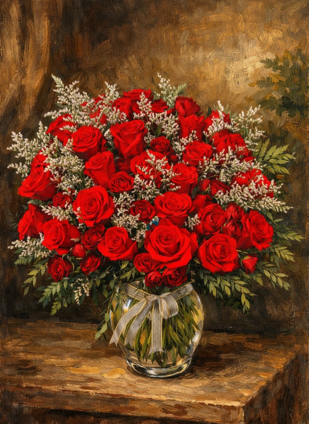Bouquet of red roses in a clear glass vase with a ribbon