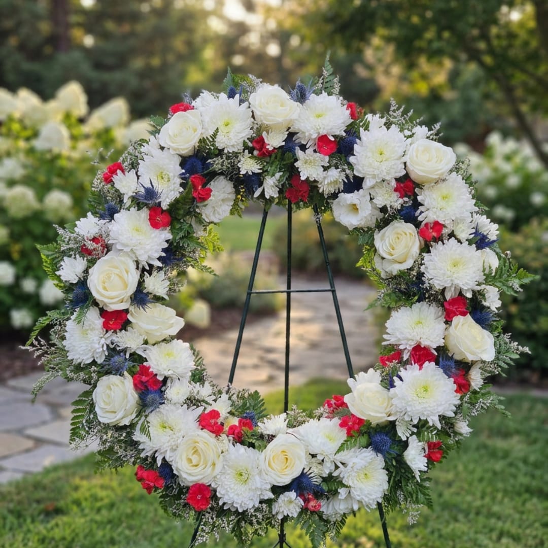 Large floral wreath of white roses, white chrysanthemums, and red accents on a stand