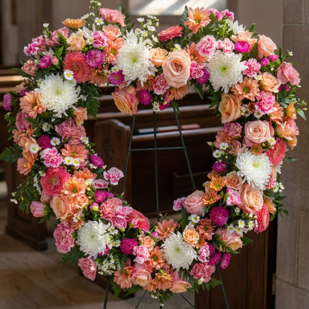 Heart-shaped floral wreath on an easel with pink, peach, and white flowers