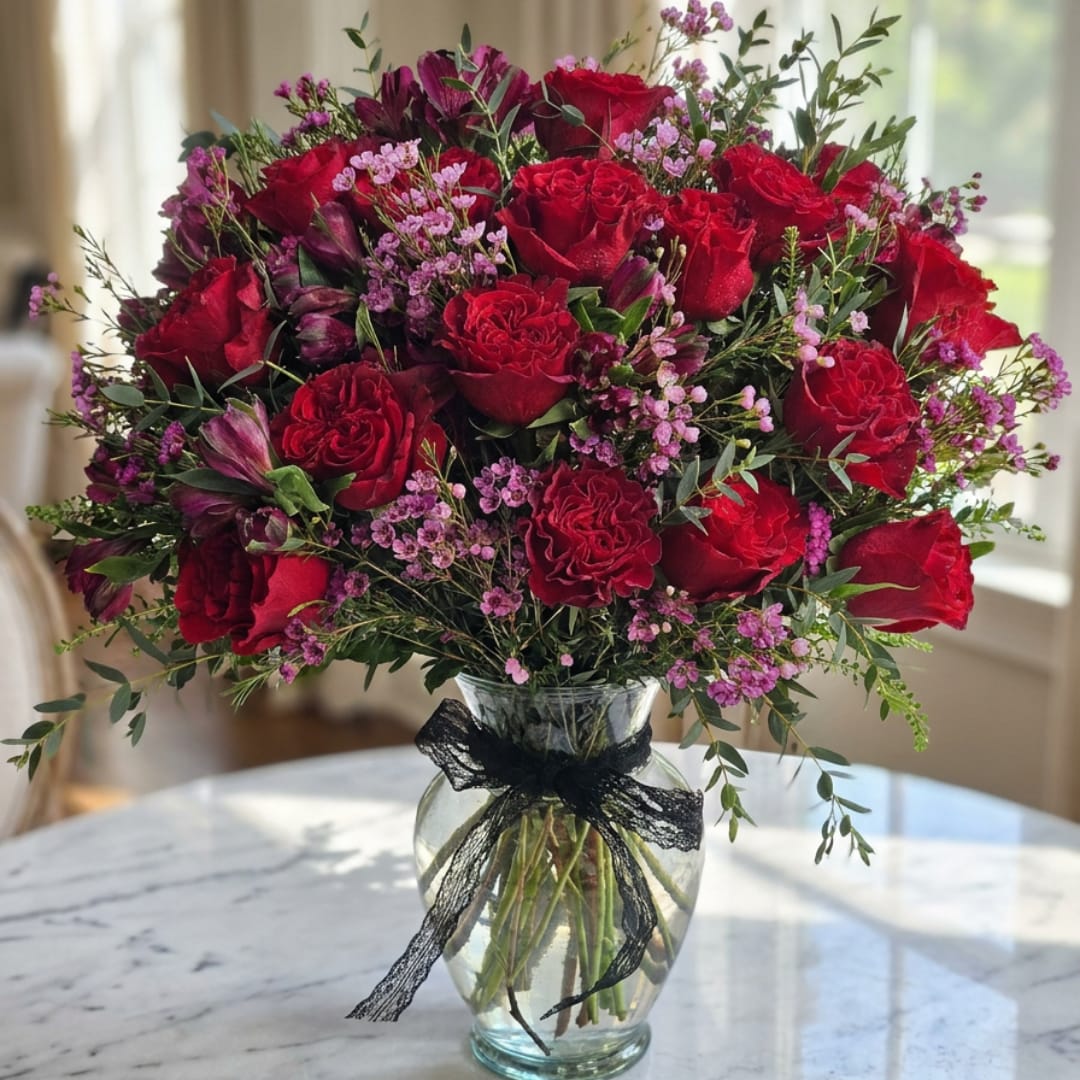 Red roses and pink filler flowers arranged in a clear glass vase with a black ribbon.