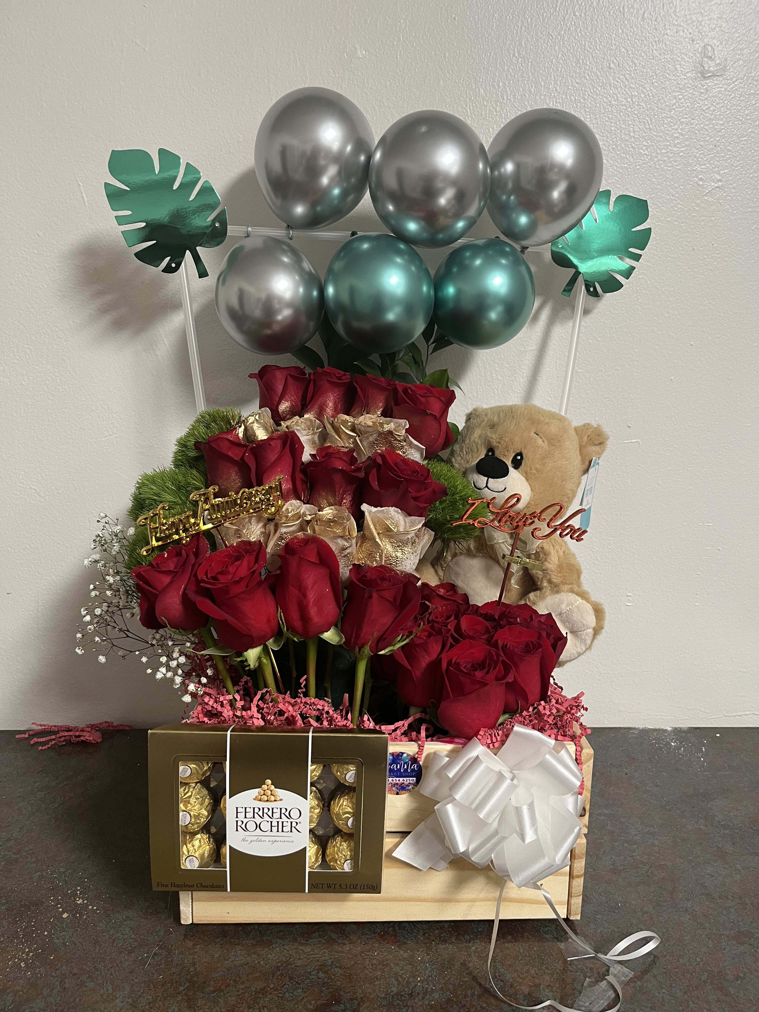 baskets surprises - baskets , flowers , design choice, teddy bears, ferrero rocher, and ballons.
