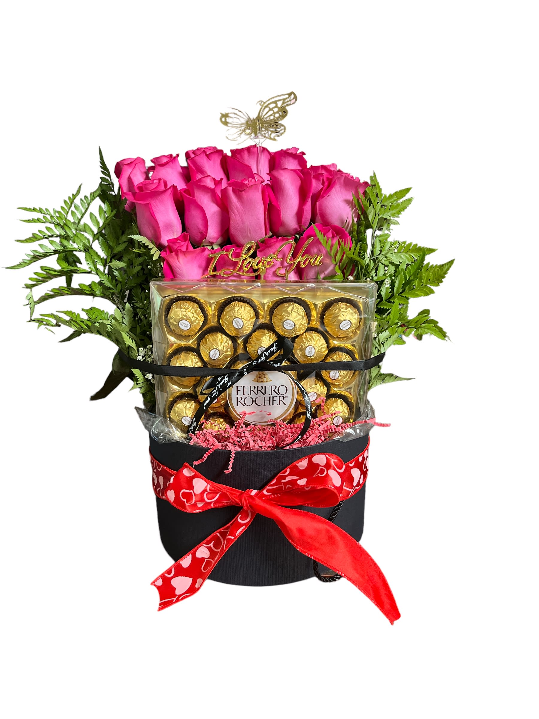 box fucsia roses - 12 fucsias roses , ferrero chocolate.