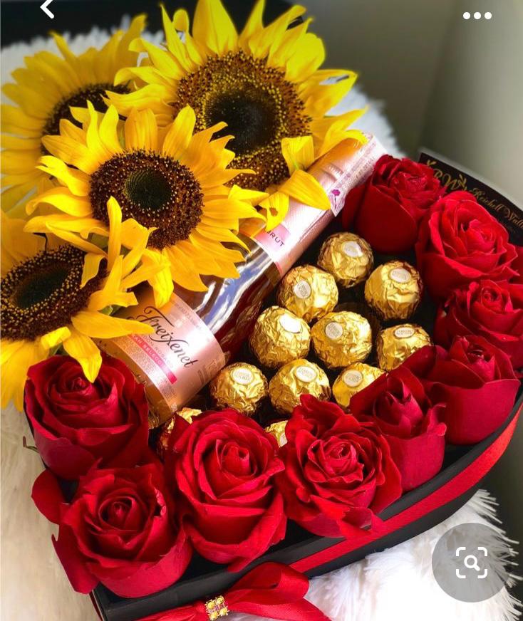Heart box roses - red roses, wine small, sunflowers.ferrero