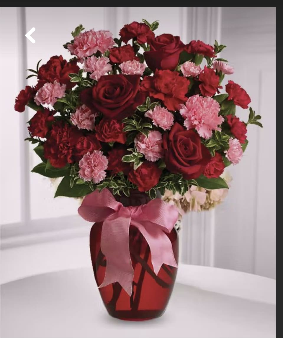 Love Medley  of flowers - red roses, red vase glass